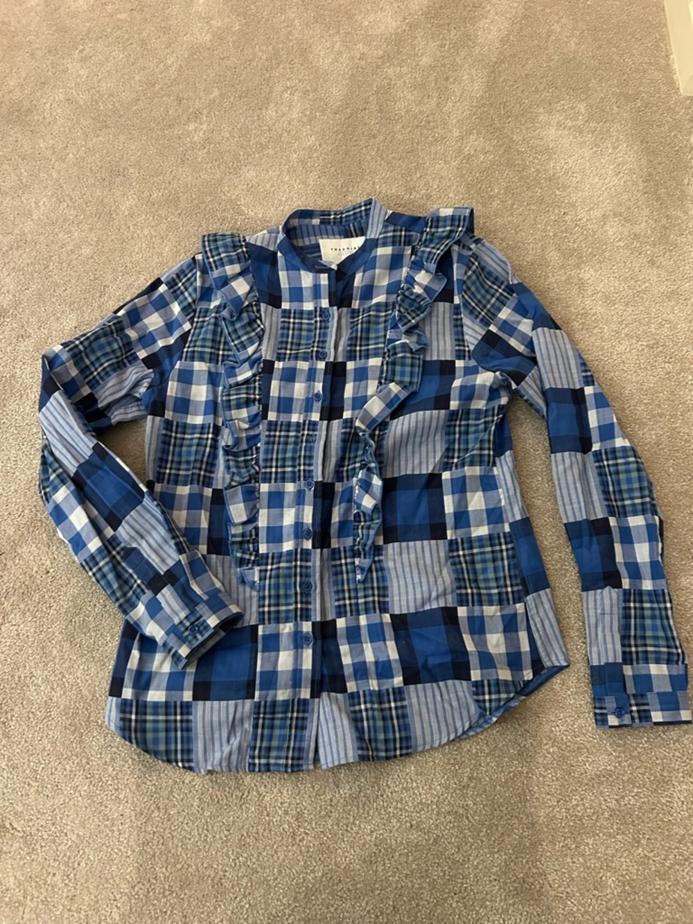 The Shirt by Rochelle Behrens Blue Plaid Ruffle Button-Down